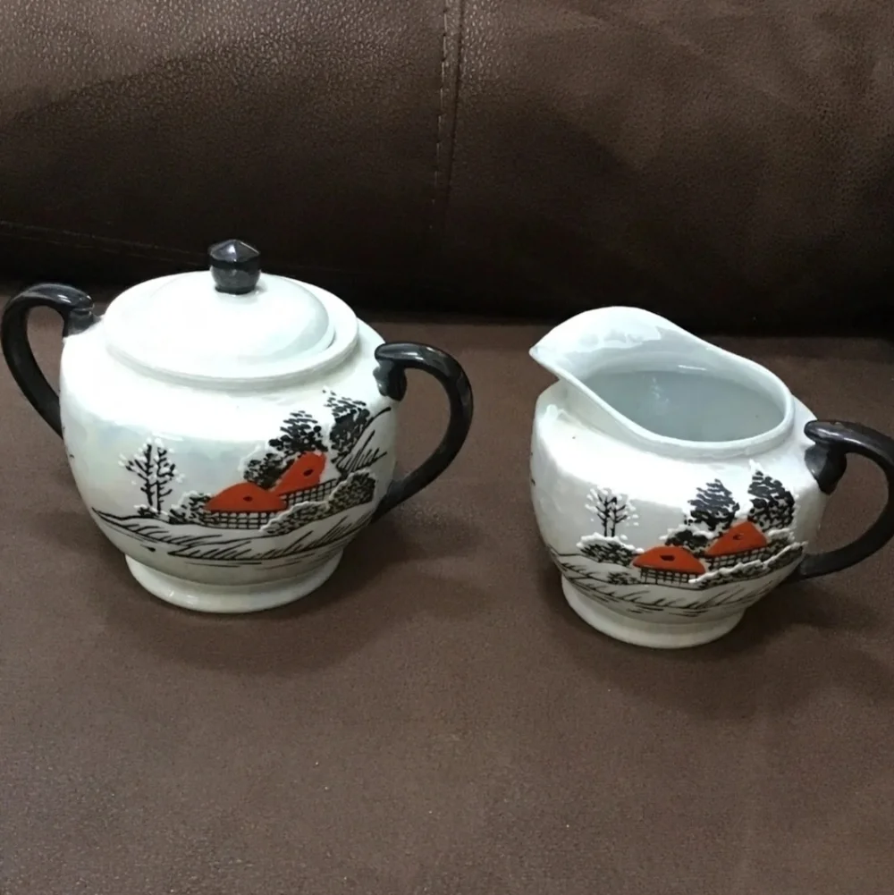 Japanese hand painting teapot Sugar Bowl W/lid And Creamer Pearlescent Village